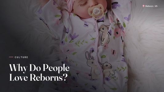 Sleeping reborn baby doll in a floral bunny romper and pink bow on white fur, showing why people have reborn dolls