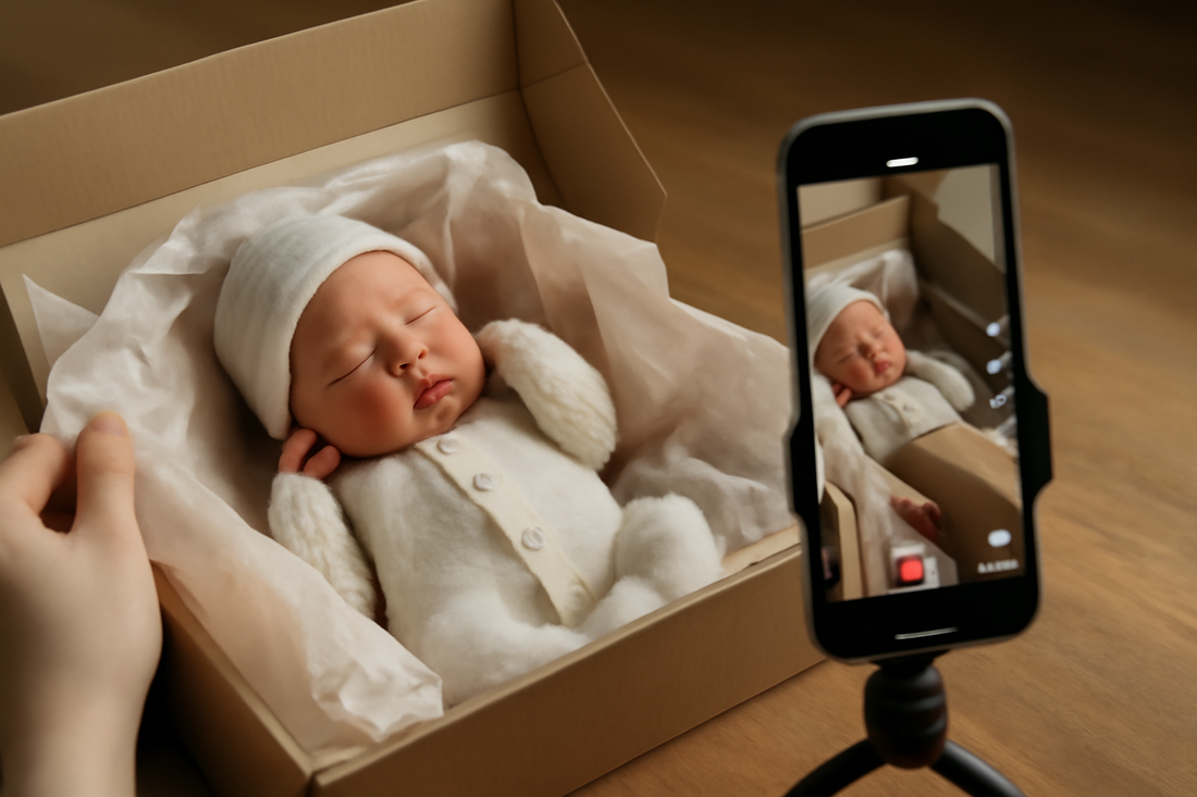 AI-generated image of a creator filming a reborn doll unboxing ASMR video for TikTok and Instagram Reels in the United States, showcasing craftsmanship and engagement.