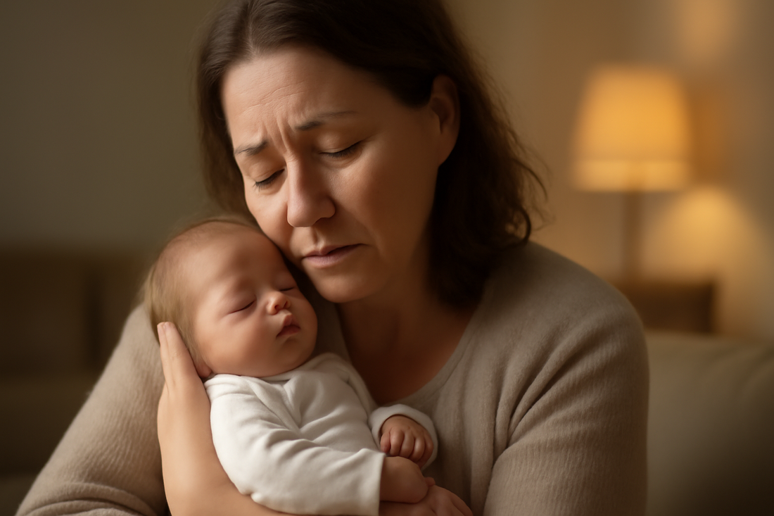 AI-generated image of a person gently holding a lifelike reborn doll, symbolizing comfort and emotional support for grief, infertility, and loss in the United States.