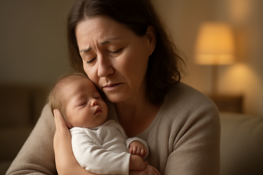AI-generated image of a person gently holding a lifelike reborn doll, symbolizing comfort and emotional support for grief, infertility, and loss in the United States.